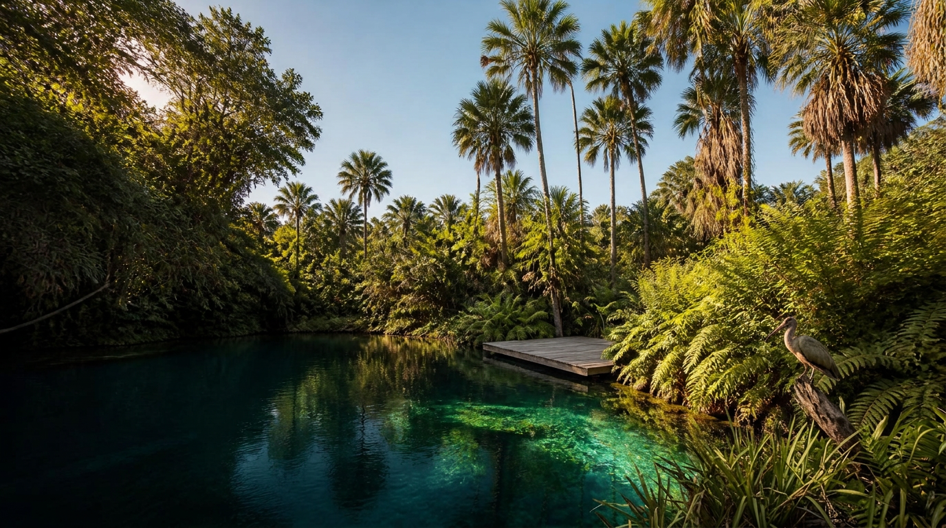 Olho D'Água swimming hole with a wooden deck, diverse Cerrado foliage, buriti palms and a long-beaked bird